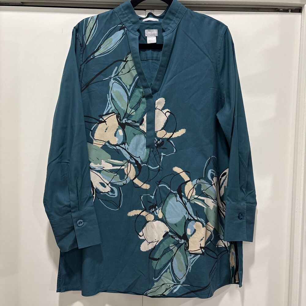 Chicos No Iron Tunic Top Large (2) Green Teal Floral Mandarin Long Sleeve